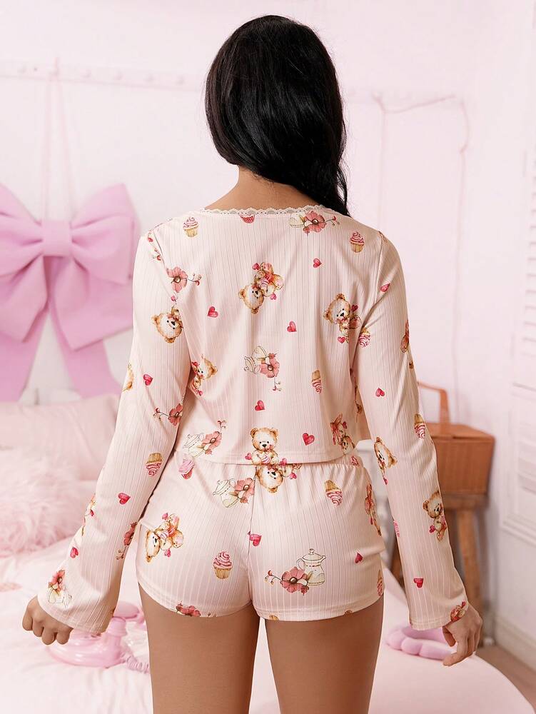 Women's Pajama Set With Cute Bear And Cake Print Casual Fall Sleepwear Comfortable Homewear Outfit For Ladies Daily Loungewear Style