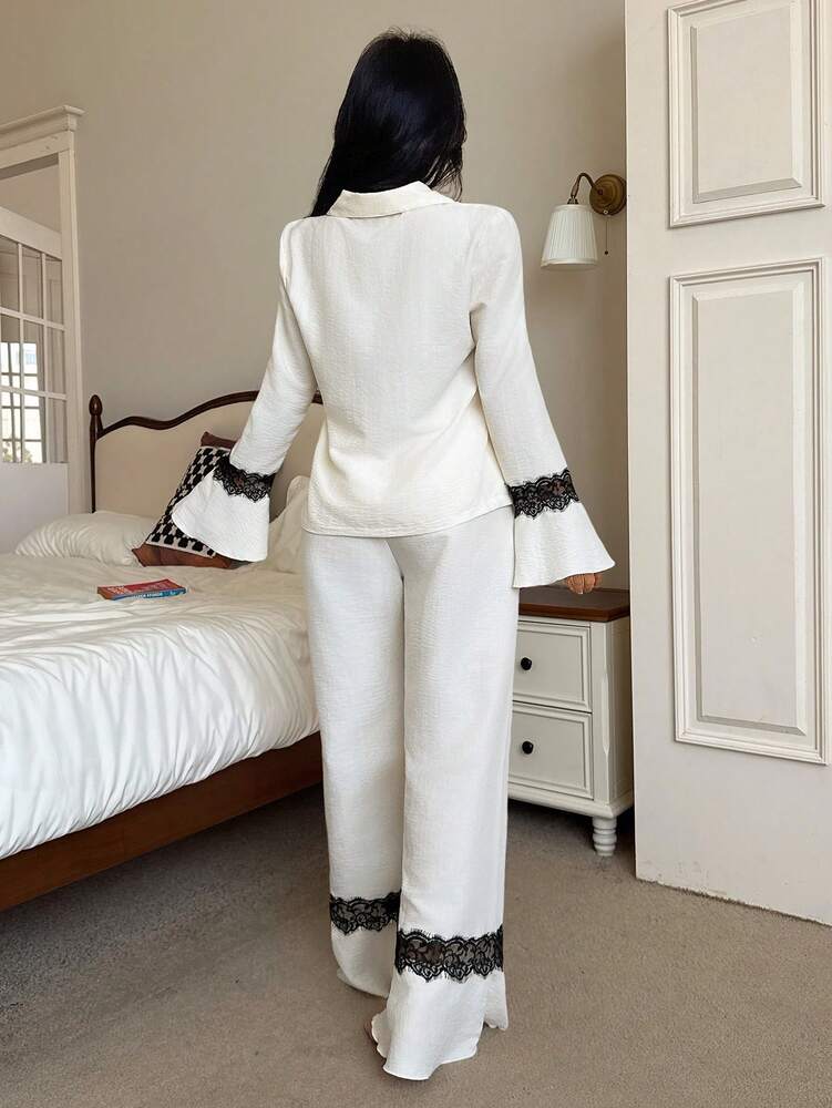 Women's Pajama Set With Contrast Lace Bell Sleeve Top And Pants Elegant Loungewear Outfit Comfortable Nightwear Fashion For Women