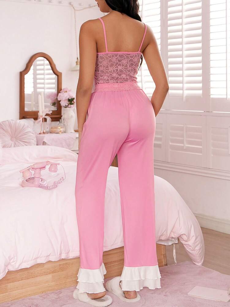 Women's Contrast Color Pajama Set With Big Bow Lace Patchwork Cute Ruffle Heart Design Sleepwear Elegant Bowknot Nightwear Outfit