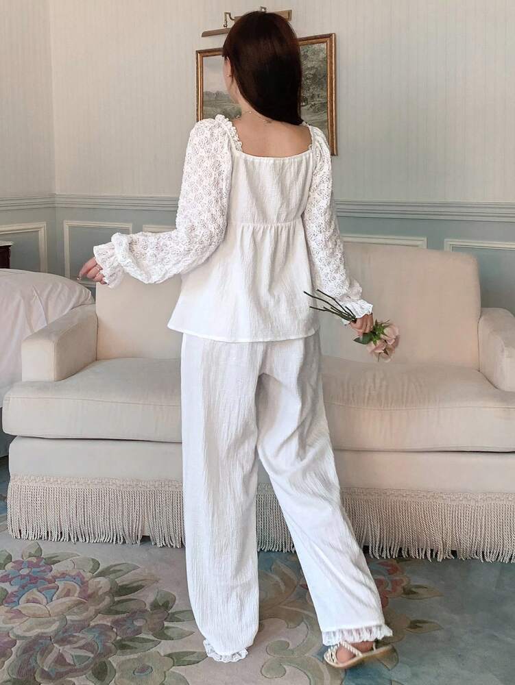 Women's Lace Patchwork Pajama Set With Ruffle Hem Lantern Sleeve Top And Pants Romantic Sleepwear Outfit Elegant Fall Clothes For Ladies