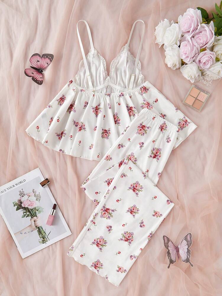 Women's V Neck Floral Lace Patchwork Pajama Set With Camisole And Pants Elegant Loungewear Sleepwear Outfit Casual Vacation Nightwear