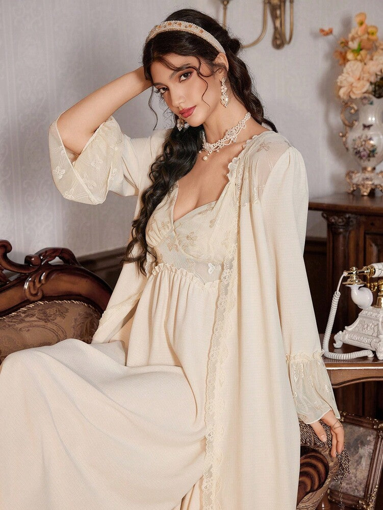 2pcs Women's Lace Patchwork Robe And Ruffle Strap Nightgown Pajama Set Romantic Sleepwear Outfit Palace Style Elegant Fall Nightwear