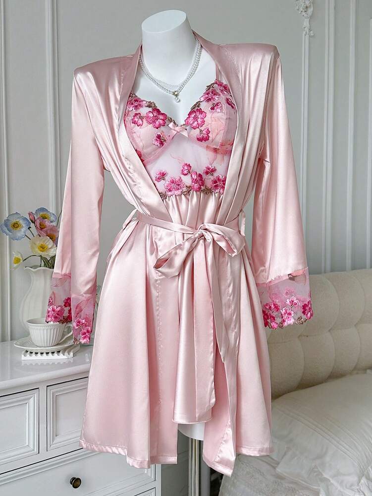 Women's Satin Slip Dress And Pink Robe Sleepwear Set Sexy Floral Embroidered Trim Pajamas Elegant Nightwear Outfit Fall Winter Fashion