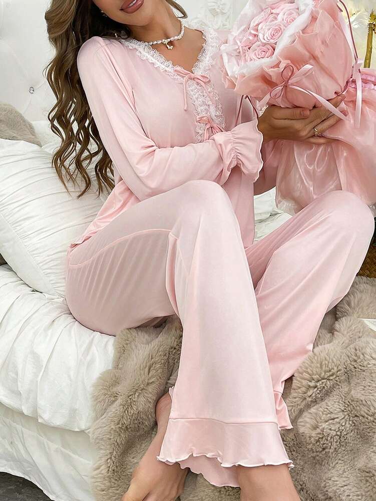 Women's Elegant Pajama Lounge Set With French Lace Trim Contrast Color Sleepwear Casual Chic Outfit Comfortable Nightwear For Women