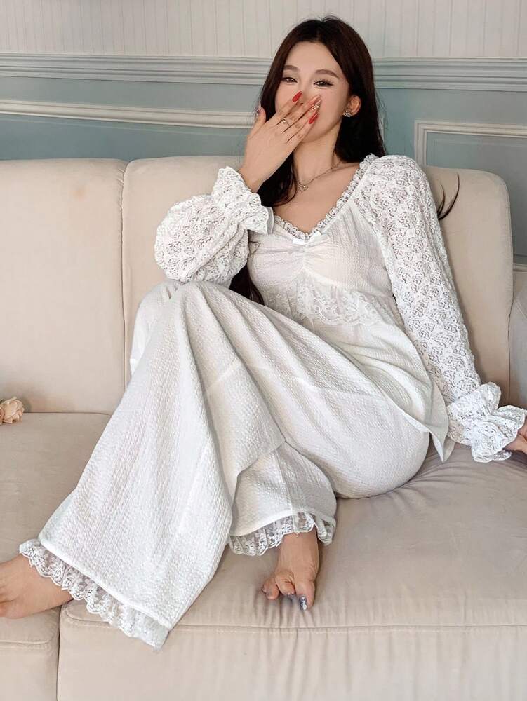 Women's Lace Patchwork Pajama Set With Ruffle Hem Lantern Sleeve Top And Pants Romantic Sleepwear Outfit Elegant Fall Clothes For Ladies