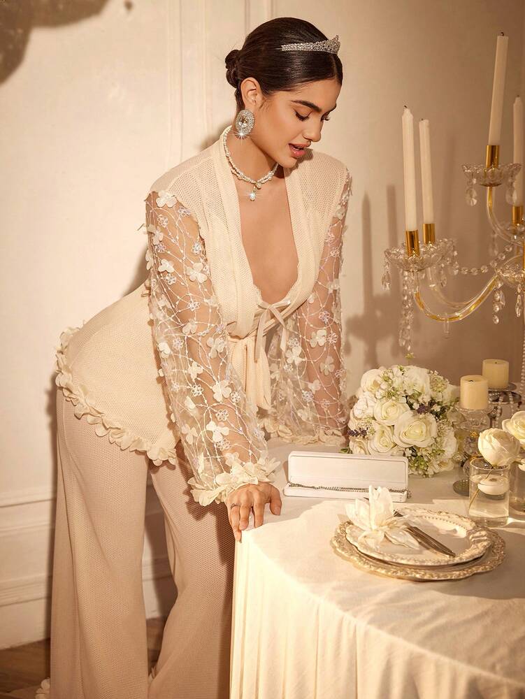 3pcs Women's Satin Sleepwear Set With Floral Mesh Embroidered Camisole Pants And Robe Romantic Nightwear Outfit Elegant Fall Pajamas