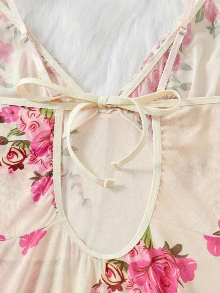 2pcs Women's Sexy Lingerie Set With Thong Panty Ruffle Hem Adjustable Straps Vibrant Floral Pattern Sultry Sleepwear Nightgown Outfit