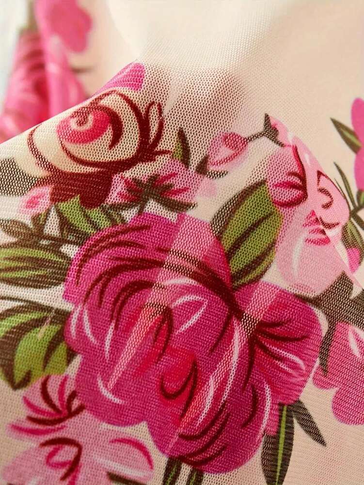 2pcs Women's Sexy Lingerie Set With Thong Panty Ruffle Hem Adjustable Straps Vibrant Floral Pattern Sultry Sleepwear Nightgown Outfit