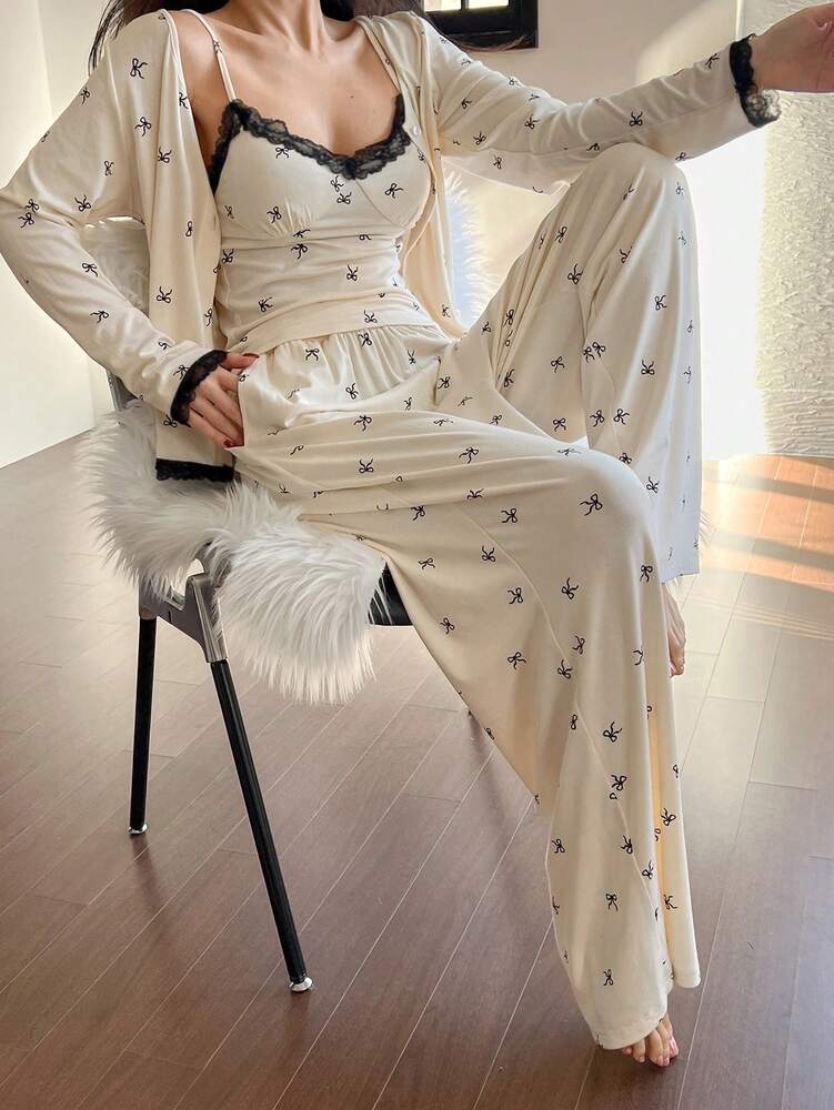 3pcs Women's Pajama Set With Bow Print Lace Patchwork Camisole Coat And Pants Romantic Sleepwear Outfit Spring Fall Comfortable Style