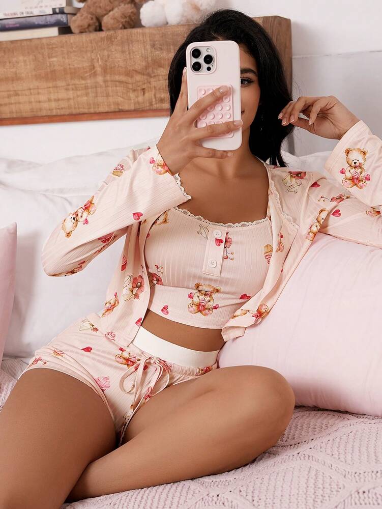 Women's Pajama Set With Cute Bear And Cake Print Casual Fall Sleepwear Comfortable Homewear Outfit For Ladies Daily Loungewear Style