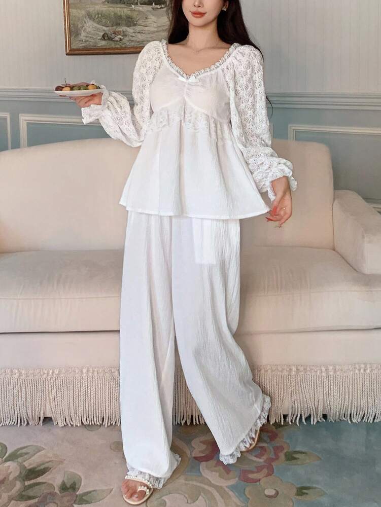 Women's Lace Patchwork Pajama Set With Ruffle Hem Lantern Sleeve Top And Pants Romantic Sleepwear Outfit Elegant Fall Clothes For Ladies