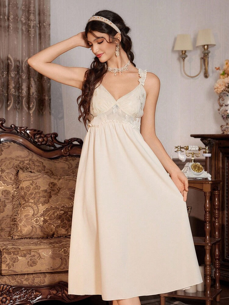 2pcs Women's Lace Patchwork Robe And Ruffle Strap Nightgown Pajama Set Romantic Sleepwear Outfit Palace Style Elegant Fall Nightwear