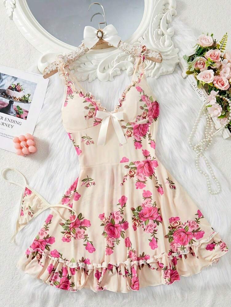 2pcs Women's Sexy Lingerie Set With Thong Panty Ruffle Hem Adjustable Straps Vibrant Floral Pattern Sultry Sleepwear Nightgown Outfit