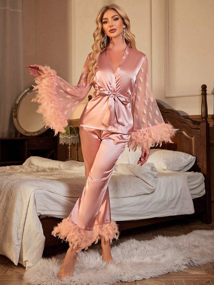 Women's Fuzzy Trim Satin Pajama Set With Belt Elegant Sleepwear Outfit Comfortable Loungewear For Vacation Casual Fall Nightwear