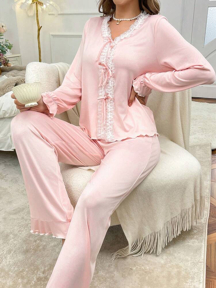 Women's Elegant Pajama Lounge Set With French Lace Trim Contrast Color Sleepwear Casual Chic Outfit Comfortable Nightwear For Women