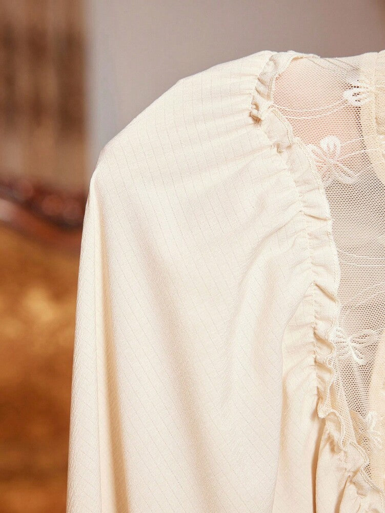2pcs Women's Lace Patchwork Robe And Ruffle Strap Nightgown Pajama Set Romantic Sleepwear Outfit Palace Style Elegant Fall Nightwear