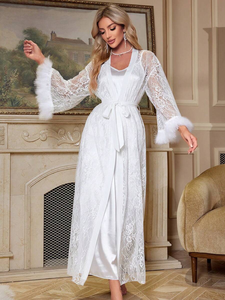 Women's 3pcs Satin Sleepwear Set With Lace Contrast Robe Nightgown And Shorts Romantic Loungewear Outfit Vacation Elegant Pajama Wear