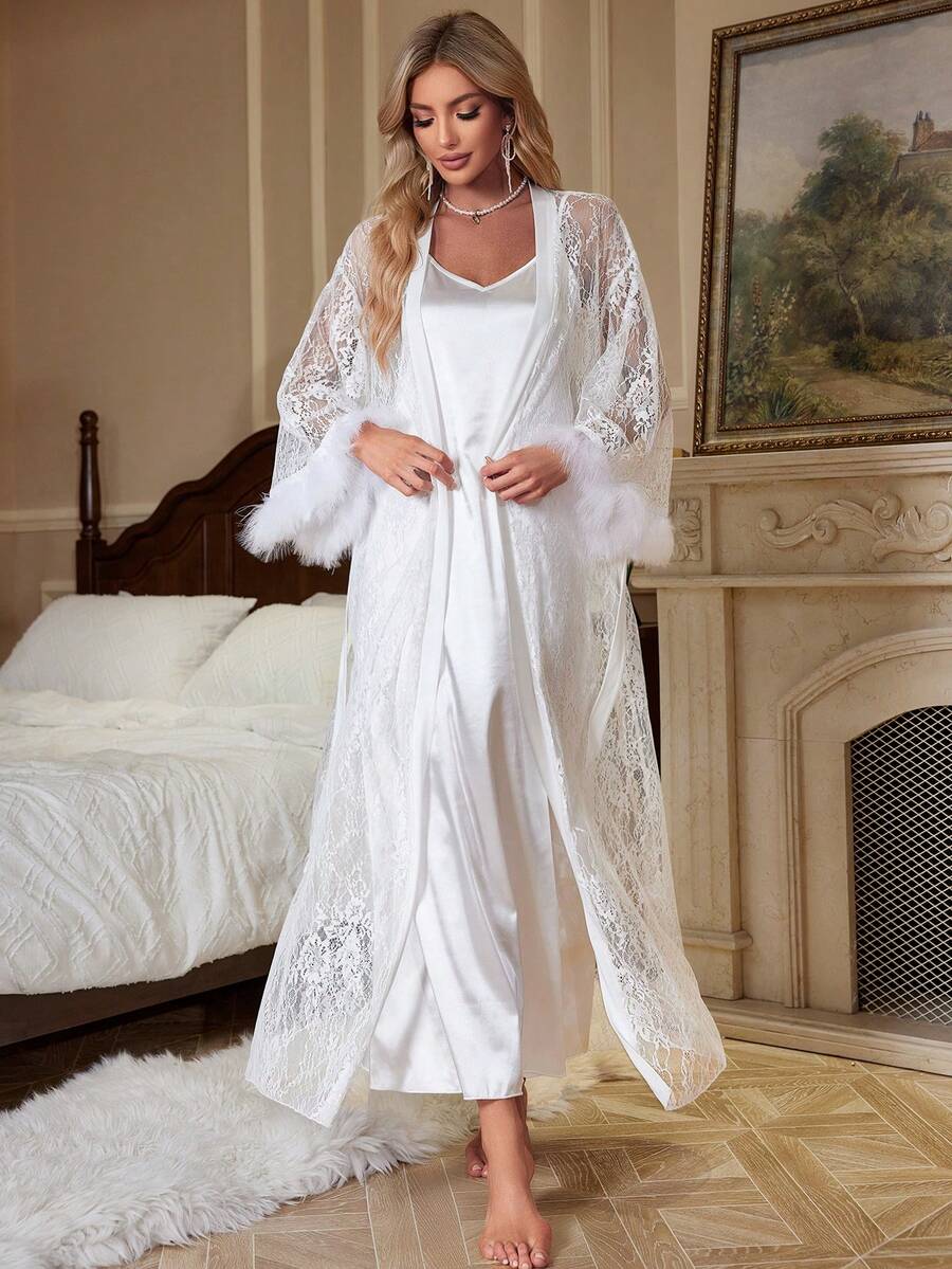 Women's 3pcs Satin Sleepwear Set With Lace Contrast Robe Nightgown And Shorts Romantic Loungewear Outfit Vacation Elegant Pajama Wear