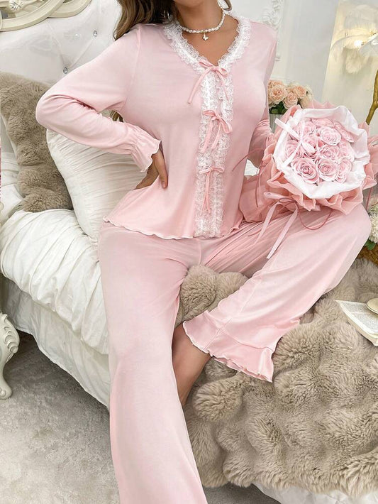 Women's Elegant Pajama Lounge Set With French Lace Trim Contrast Color Sleepwear Casual Chic Outfit Comfortable Nightwear For Women