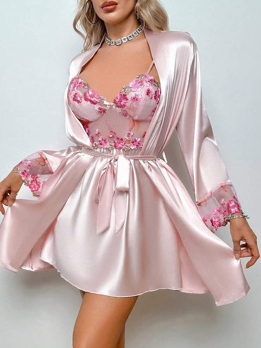 Women's Satin Slip Dress And Pink Robe Sleepwear Set Sexy Floral Embroidered Trim Pajamas Elegant Nightwear Outfit Fall Winter Fashion