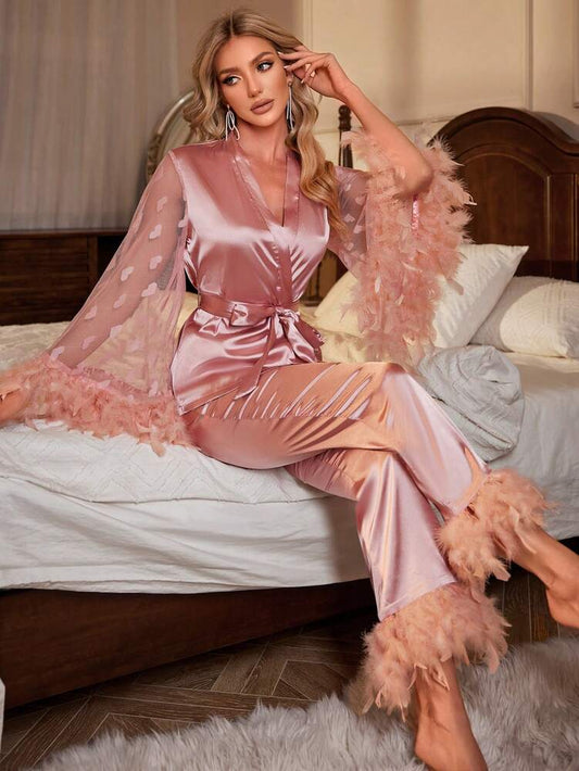 Women's Fuzzy Trim Satin Pajama Set With Belt Elegant Sleepwear Outfit Comfortable Loungewear For Vacation Casual Fall Nightwear