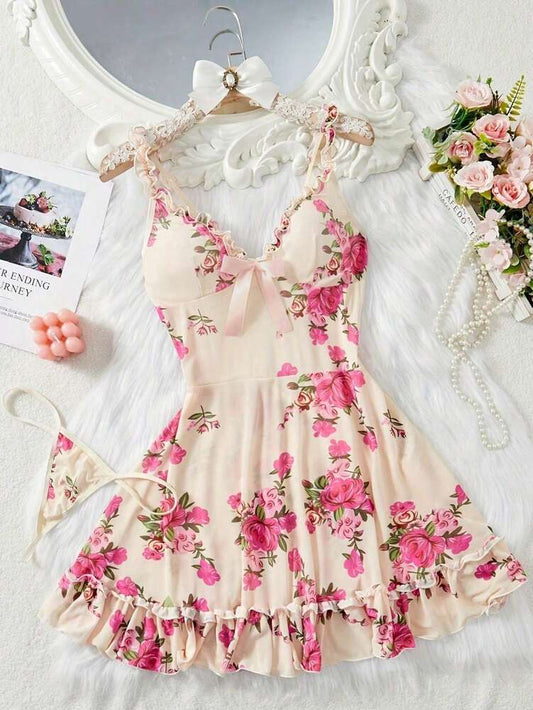 2pcs Women's Sexy Lingerie Set With Thong Panty Ruffle Hem Adjustable Straps Vibrant Floral Pattern Sultry Sleepwear Nightgown Outfit