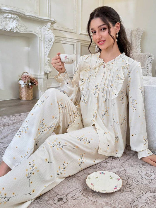 Women's Bubble Textured Print Pajama Set Tie Neck Top And Pants Elegant Holiday Sleepwear Outfit Casual Fall Loungewear For Women