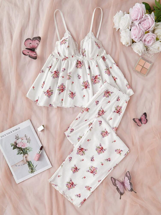 Women's V Neck Floral Lace Patchwork Pajama Set With Camisole And Pants Elegant Loungewear Sleepwear Outfit Casual Vacation Nightwear