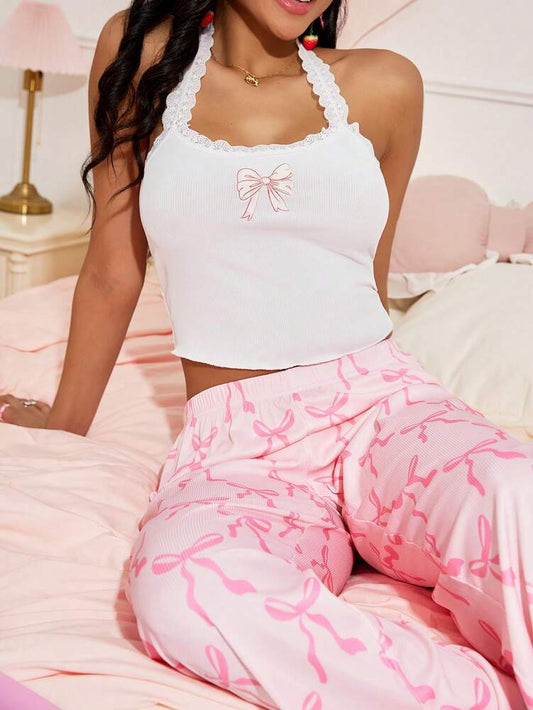 Women's Butterfly Print Lace Splice Halter Sleepwear Top Sexy Camisole Nightwear Cute Elegant Pajama Tank Top Fashion Lingerie Style