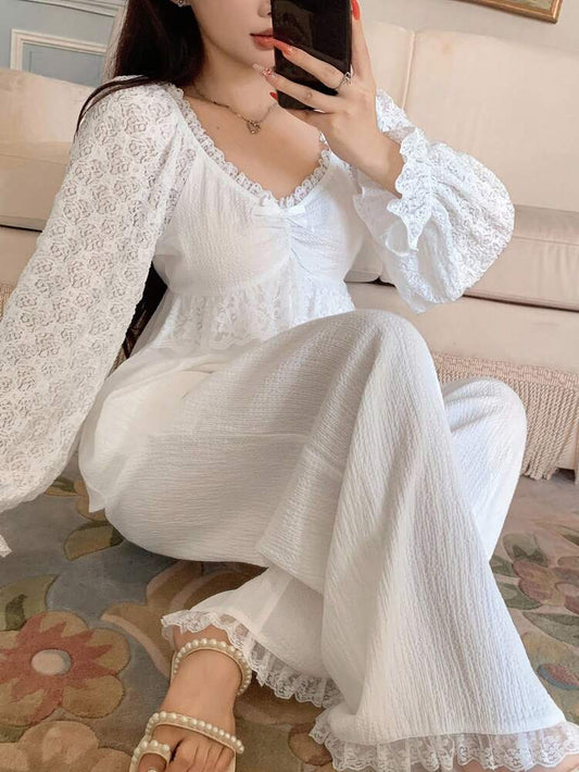 Women's Lace Patchwork Pajama Set With Ruffle Hem Lantern Sleeve Top And Pants Romantic Sleepwear Outfit Elegant Fall Clothes For Ladies