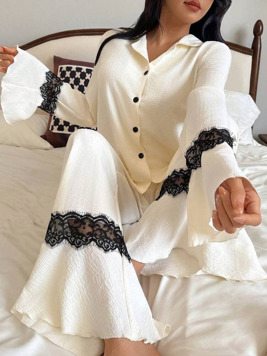 Women's Pajama Set With Contrast Lace Bell Sleeve Top And Pants Elegant Loungewear Outfit Comfortable Nightwear Fashion For Women