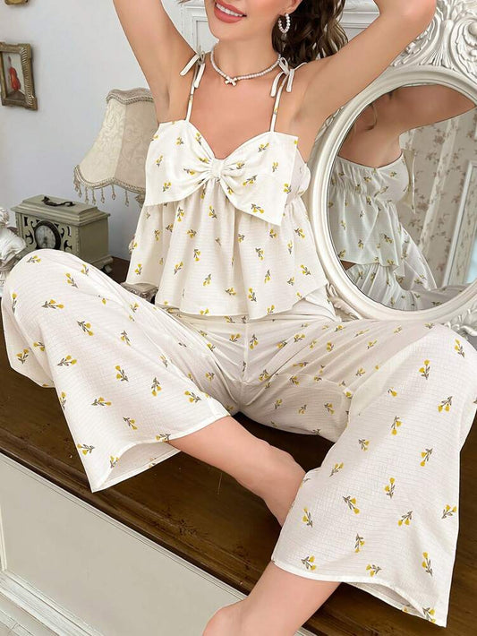 Women's Bowknot Camisole And Pants Pajama Set Romantic Sleepwear Vacation Style Cute Bow Accent Comfortable Nightwear Loungewear Outfit