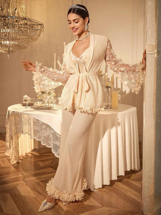 3pcs Women's Satin Sleepwear Set With Floral Mesh Embroidered Camisole Pants And Robe Romantic Nightwear Outfit Elegant Fall Pajamas