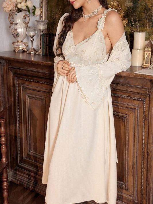 2pcs Women's Lace Patchwork Robe And Ruffle Strap Nightgown Pajama Set Romantic Sleepwear Outfit Palace Style Elegant Fall Nightwear