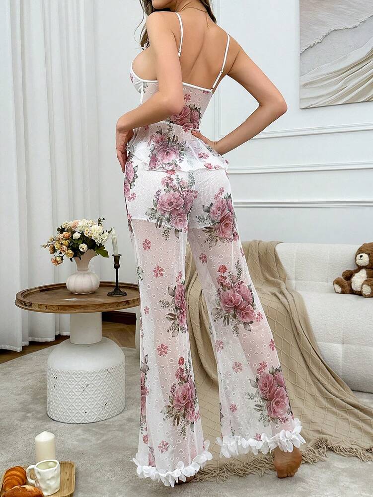 Women's Jacquard Camisole And Pants Pajama Set With Diamond Heart Detail Elegant Bridal Lingerie Romantic Sleepwear Vacation Outfit