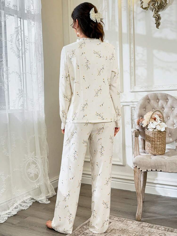 Women's Bubble Textured Print Pajama Set Tie Neck Top And Pants Elegant Holiday Sleepwear Outfit Casual Fall Loungewear For Women
