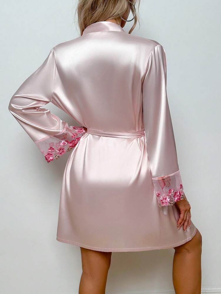 Women's Satin Slip Dress And Pink Robe Sleepwear Set Sexy Floral Embroidered Trim Pajamas Elegant Nightwear Outfit Fall Winter Fashion