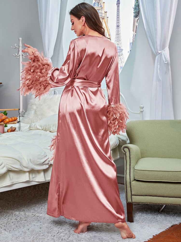Women's Contrast Fuzzy Panel Satin Robe With Belt Luxurious Pajama Loungewear Outfit Elegant Fall Vacation Sleepwear Nightwear Clothing