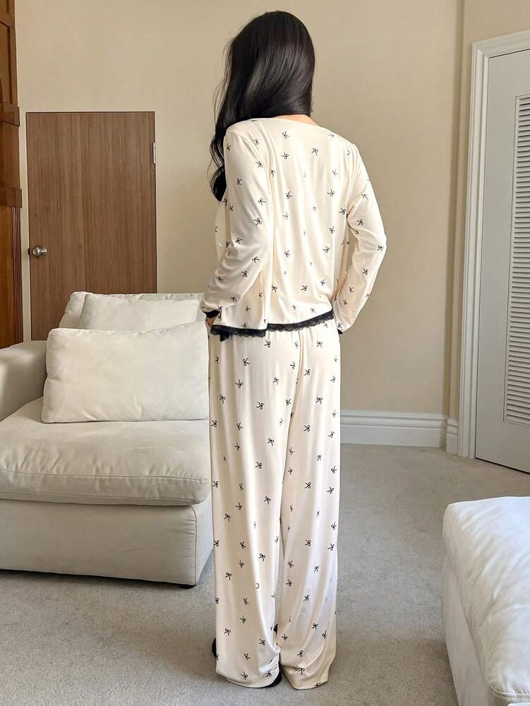 3pcs Women's Pajama Set With Bow Print Lace Patchwork Camisole Coat And Pants Romantic Sleepwear Outfit Spring Fall Comfortable Style
