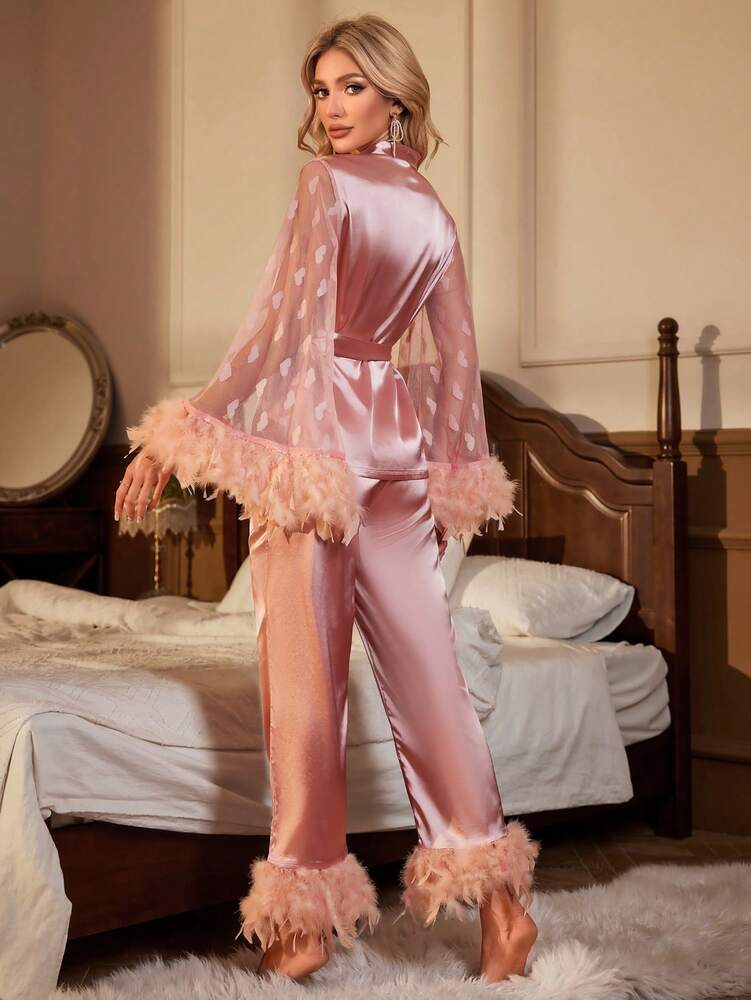 Women's Fuzzy Trim Satin Pajama Set With Belt Elegant Sleepwear Outfit Comfortable Loungewear For Vacation Casual Fall Nightwear