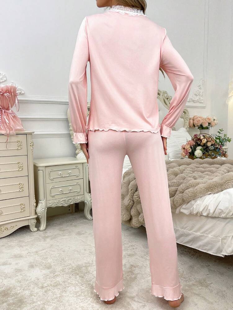 Women's Elegant Pajama Lounge Set With French Lace Trim Contrast Color Sleepwear Casual Chic Outfit Comfortable Nightwear For Women