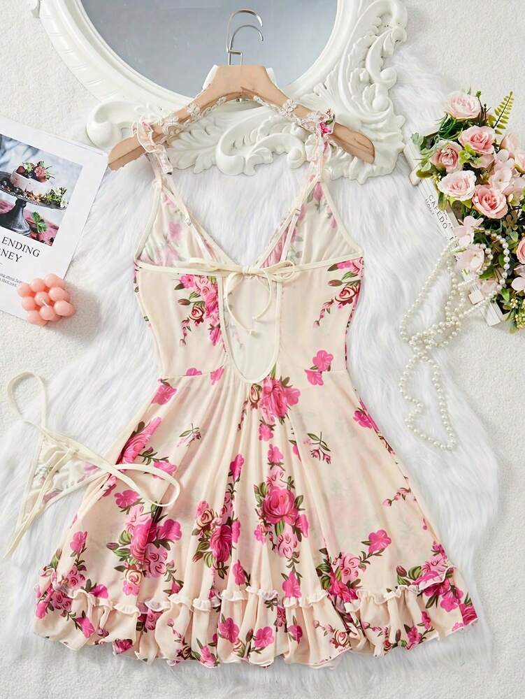 2pcs Women's Sexy Lingerie Set With Thong Panty Ruffle Hem Adjustable Straps Vibrant Floral Pattern Sultry Sleepwear Nightgown Outfit