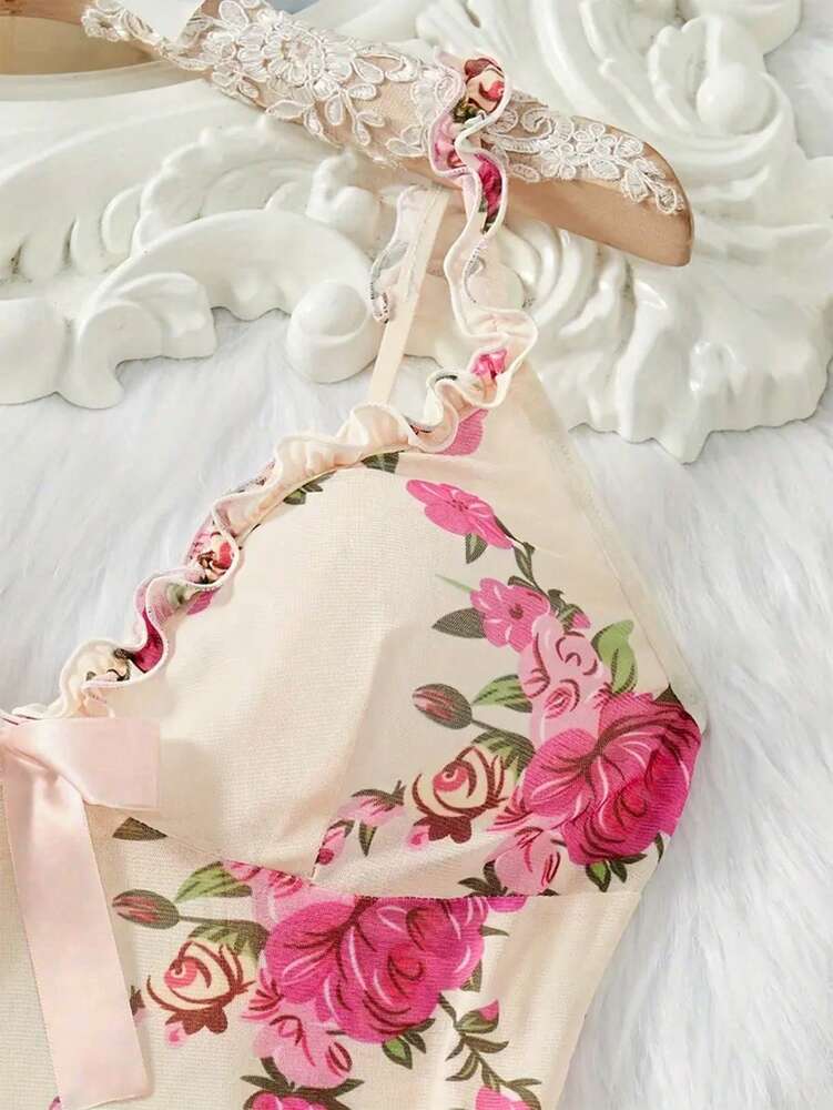2pcs Women's Sexy Lingerie Set With Thong Panty Ruffle Hem Adjustable Straps Vibrant Floral Pattern Sultry Sleepwear Nightgown Outfit