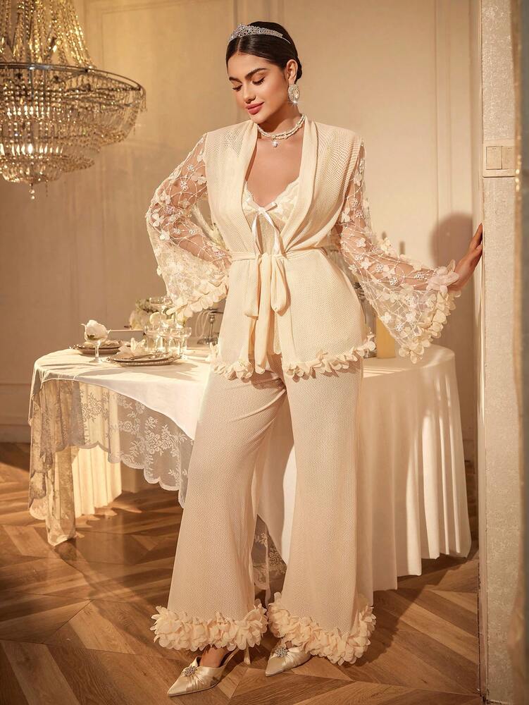 3pcs Women's Satin Sleepwear Set With Floral Mesh Embroidered Camisole Pants And Robe Romantic Nightwear Outfit Elegant Fall Pajamas