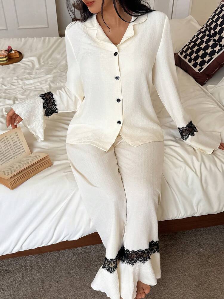 Women's Pajama Set With Contrast Lace Bell Sleeve Top And Pants Elegant Loungewear Outfit Comfortable Nightwear Fashion For Women
