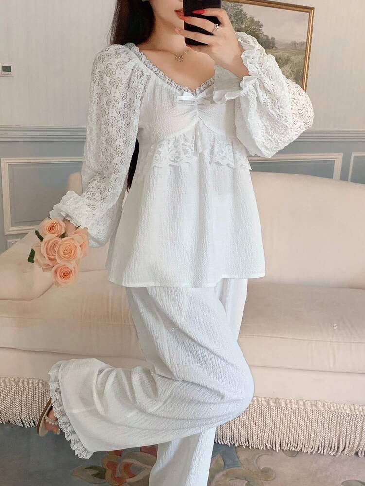 Women's Lace Patchwork Pajama Set With Ruffle Hem Lantern Sleeve Top And Pants Romantic Sleepwear Outfit Elegant Fall Clothes For Ladies