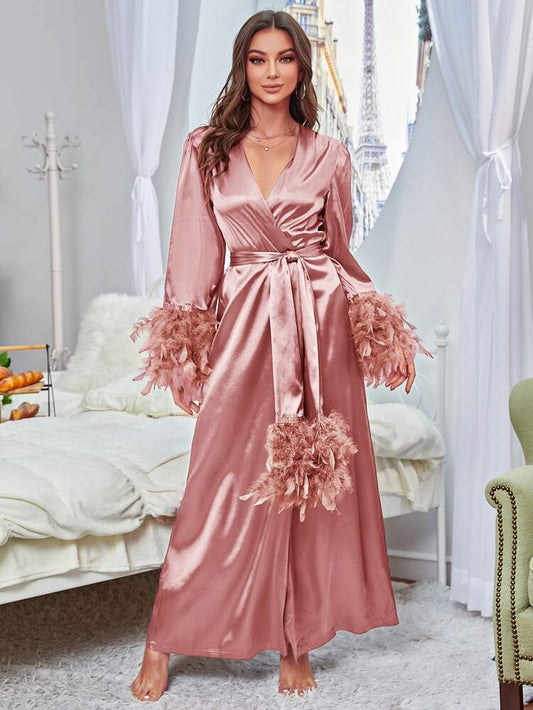 Women's Contrast Fuzzy Panel Satin Robe With Belt Luxurious Pajama Loungewear Outfit Elegant Fall Vacation Sleepwear Nightwear Clothing