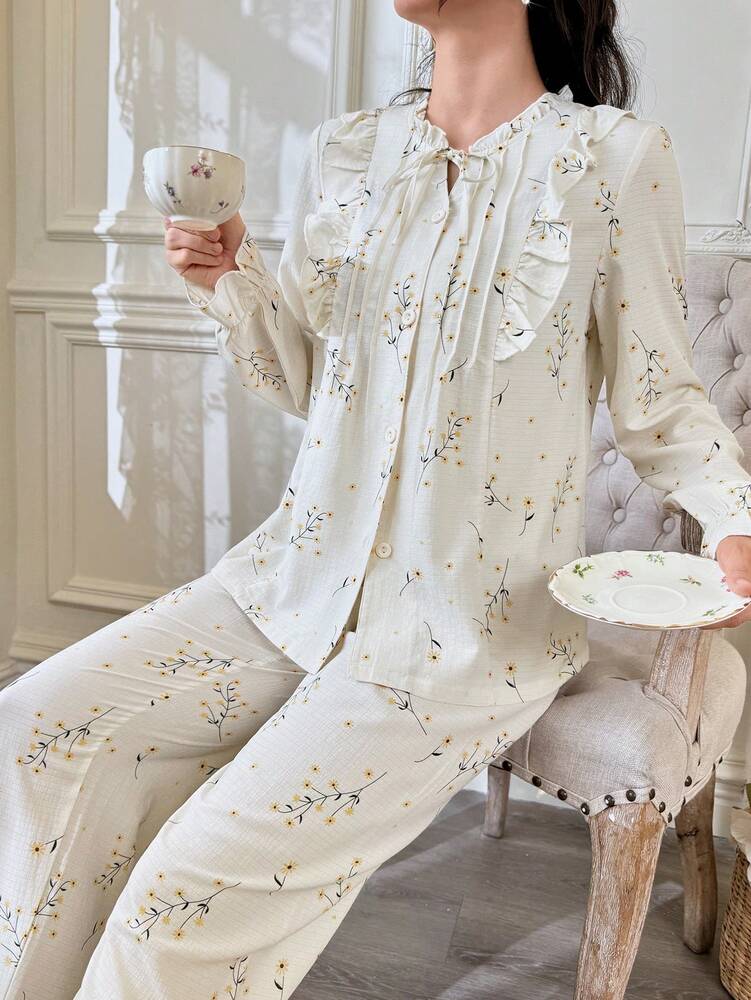 Women's Bubble Textured Print Pajama Set Tie Neck Top And Pants Elegant Holiday Sleepwear Outfit Casual Fall Loungewear For Women