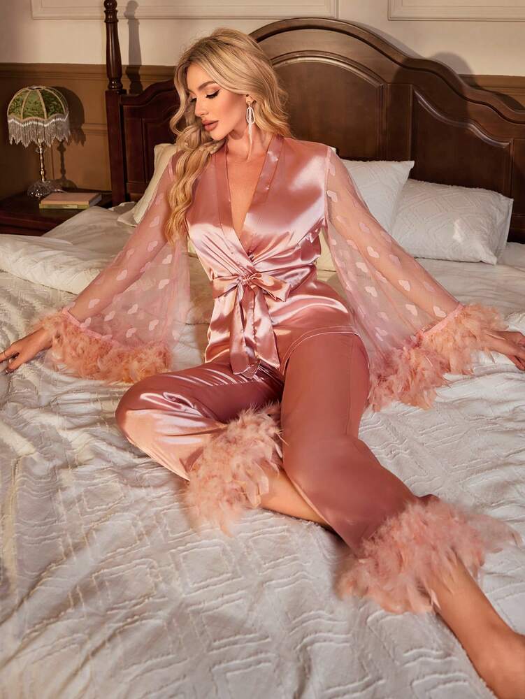 Women's Fuzzy Trim Satin Pajama Set With Belt Elegant Sleepwear Outfit Comfortable Loungewear For Vacation Casual Fall Nightwear