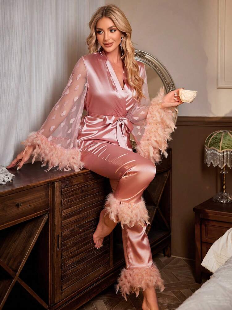 Women's Fuzzy Trim Satin Pajama Set With Belt Elegant Sleepwear Outfit Comfortable Loungewear For Vacation Casual Fall Nightwear